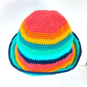 SALE Rainbow Crochet Bucket Hat with Leather Head Logo Patch